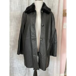 VTG Womens Neiman Marcus Leather Coat Jacket L Black Faux Fur Lined Capsule